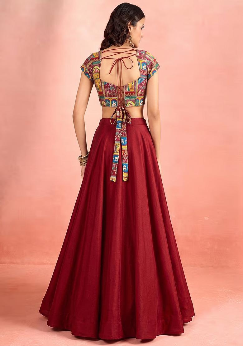 Maroon Printed Crepe Lehenga Set - Indya