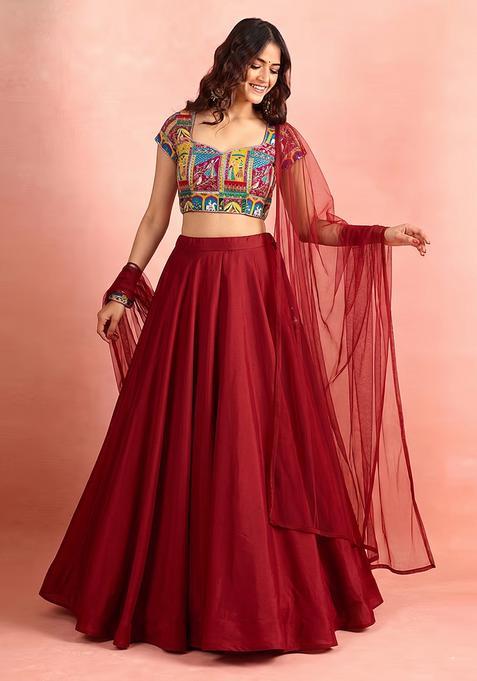 Maroon Printed Crepe Lehenga Set