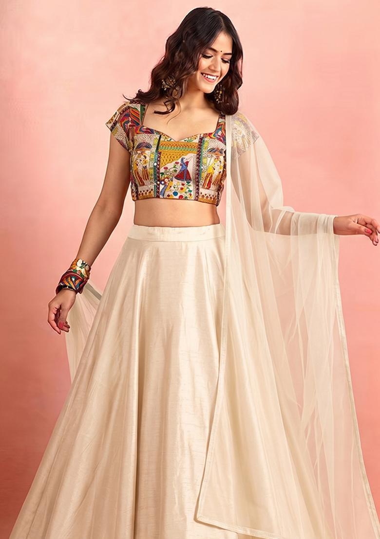 White Printed Crepe Lehenga Set - Indya