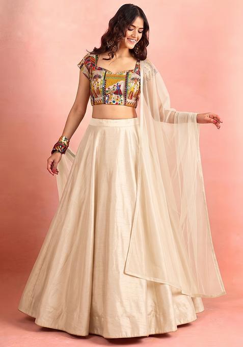 White Printed Crepe Lehenga Set