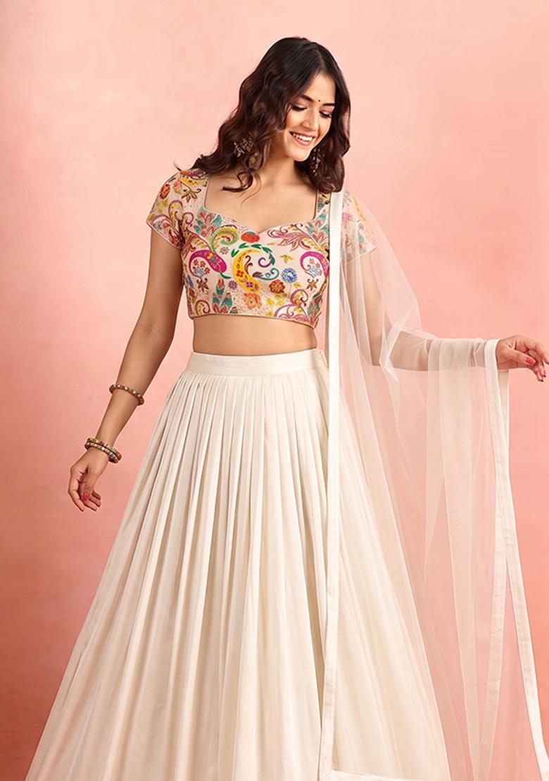 Cream Printed Crepe Lehenga Set - Indya