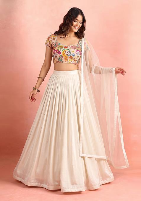 Cream Printed Crepe Lehenga Set