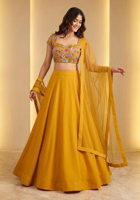 Mustard Yellow Printed Crepe Lehenga Set