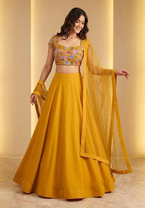 Mustard Yellow Printed Crepe Lehenga Set
