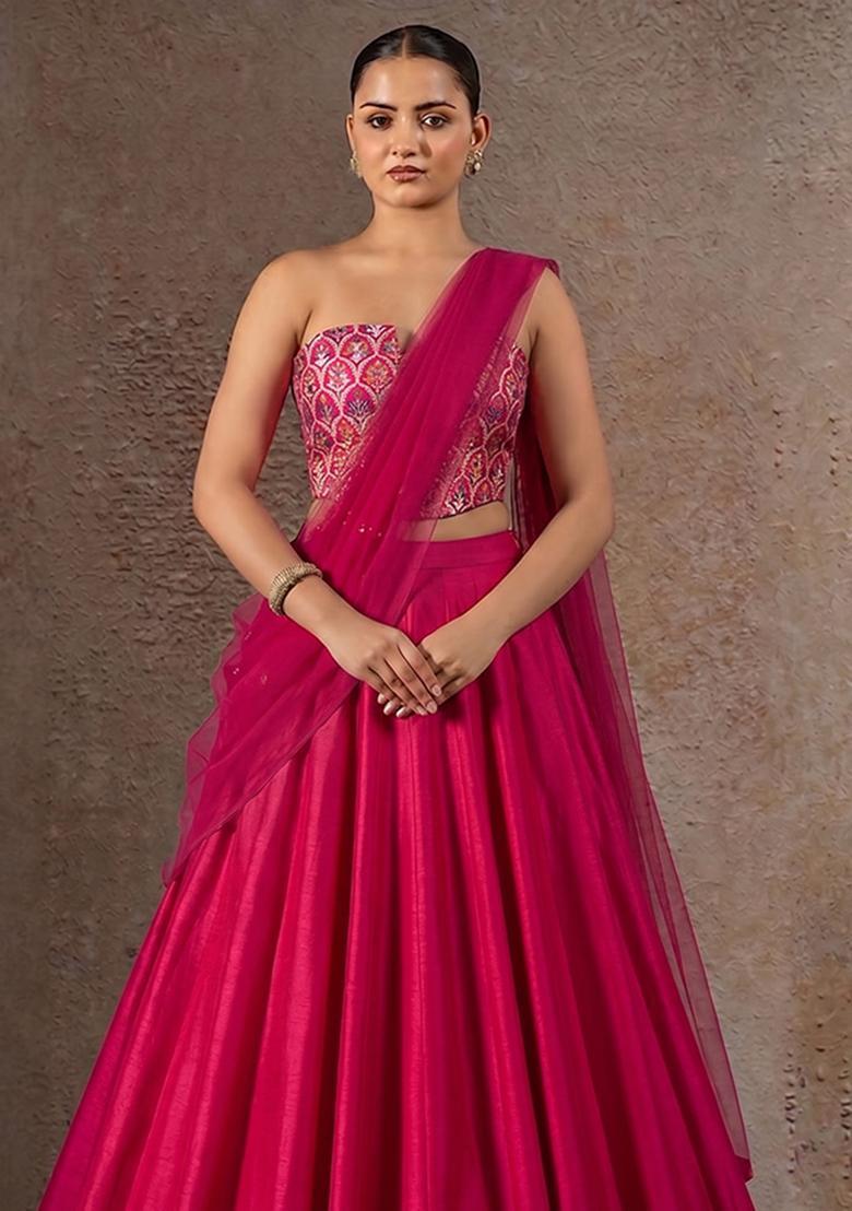 Hot Pink Brocade Lehenga Set - Indya