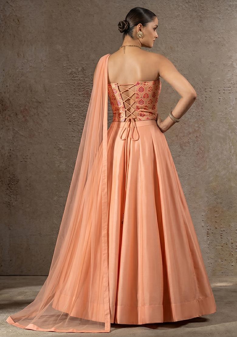 Peach Brocade Lehenga Set - Indya