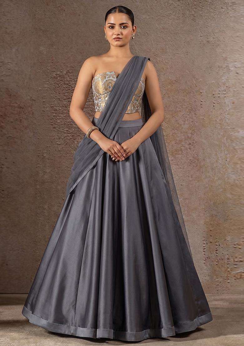 Grey Brocade Lehenga Set for Diwali | Wedding & Festive Wear - Indya