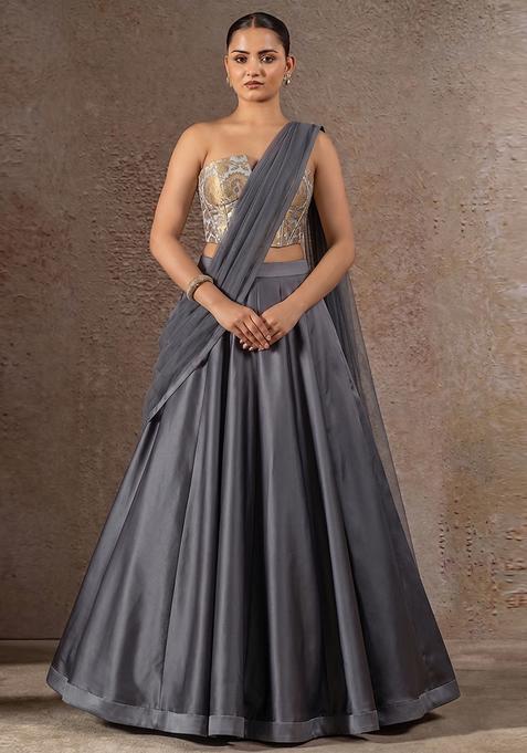 Grey Brocade Lehenga Set