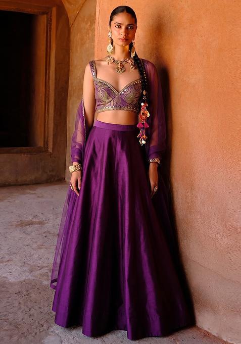 Purple Printed Silk Lehenga Set