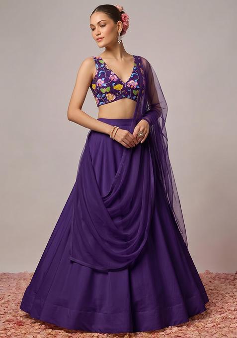 Royal Purple Printed Chinon Lehenga Set