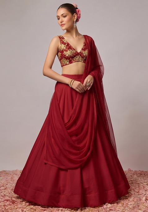 Red Embroidered Net Lehenga Set