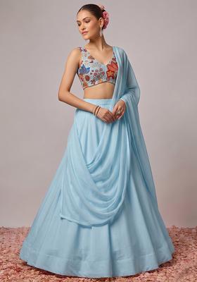 Light Blue Printed Organza Lehenga Set