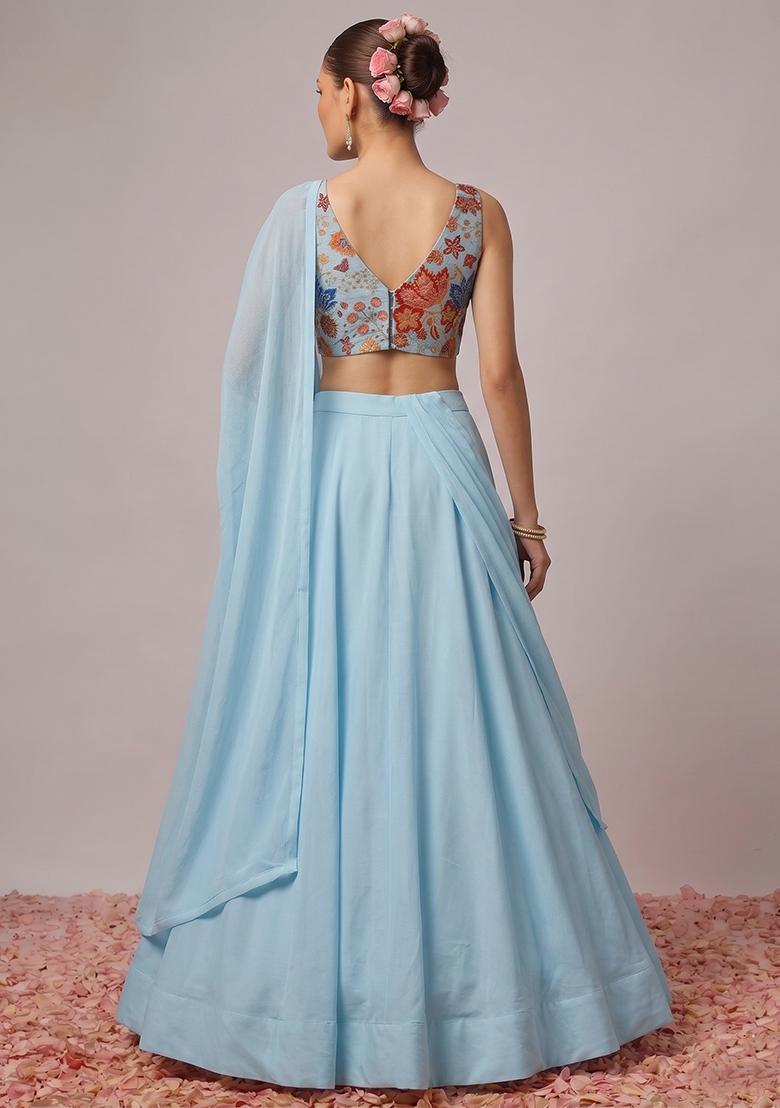 Light Blue Printed Organza Lehenga Set - Indya