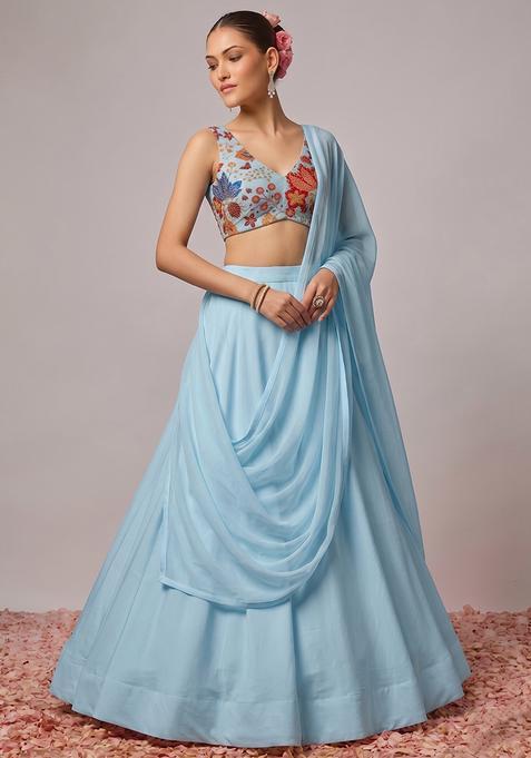 Light Blue Printed Organza Lehenga Set