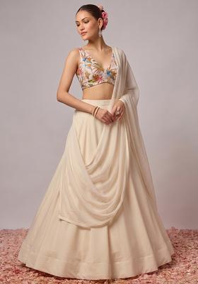 Cream Printed Crepe Lehenga Set