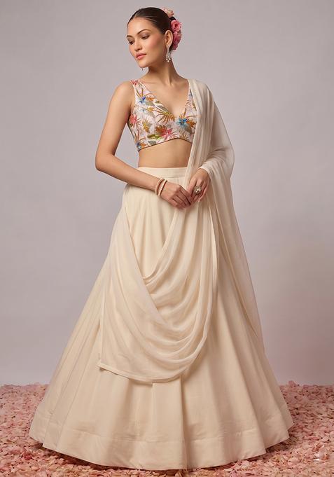 Cream Printed Crepe Lehenga Set