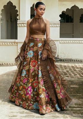 Chocolate Brown Printed Crepe Lehenga Set