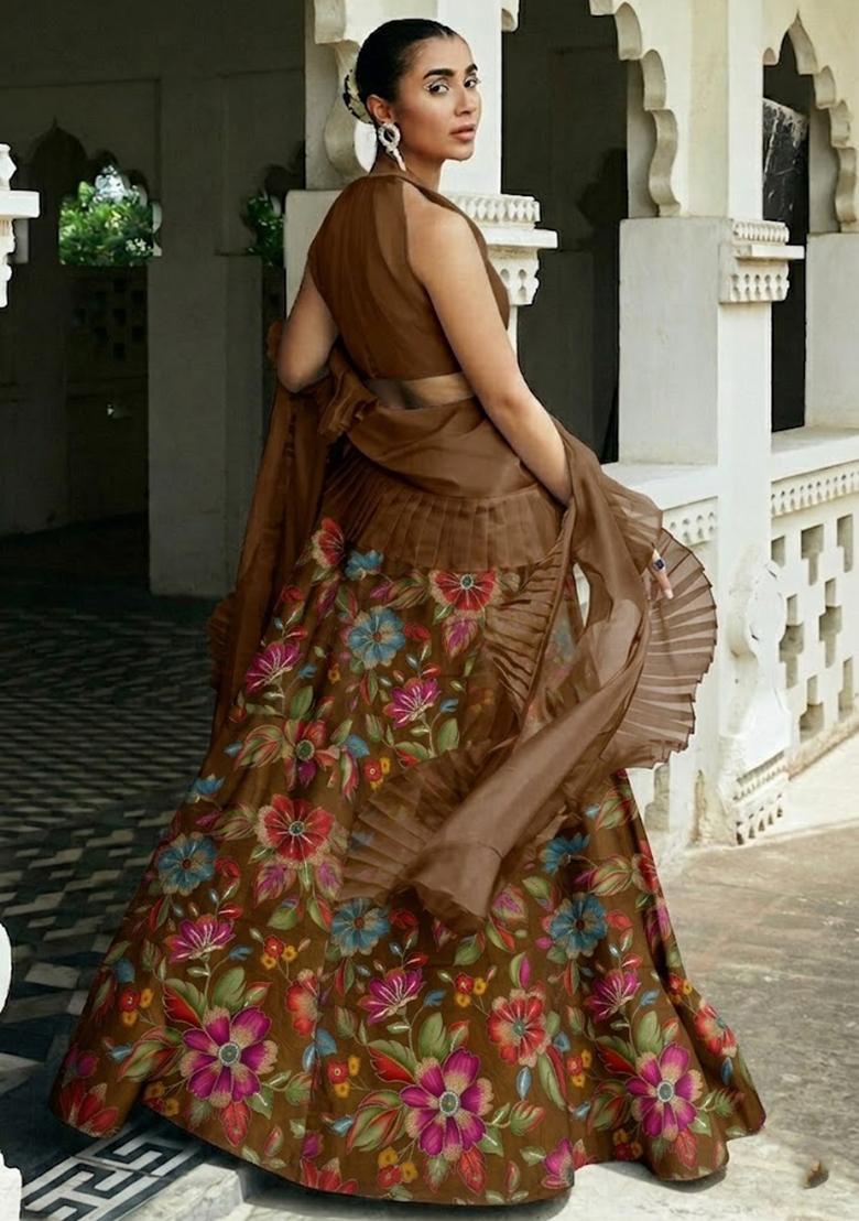 Chocolate Brown Printed Crepe Lehenga Set - Indya
