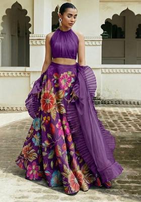 Purple Printed Crepe Lehenga Set