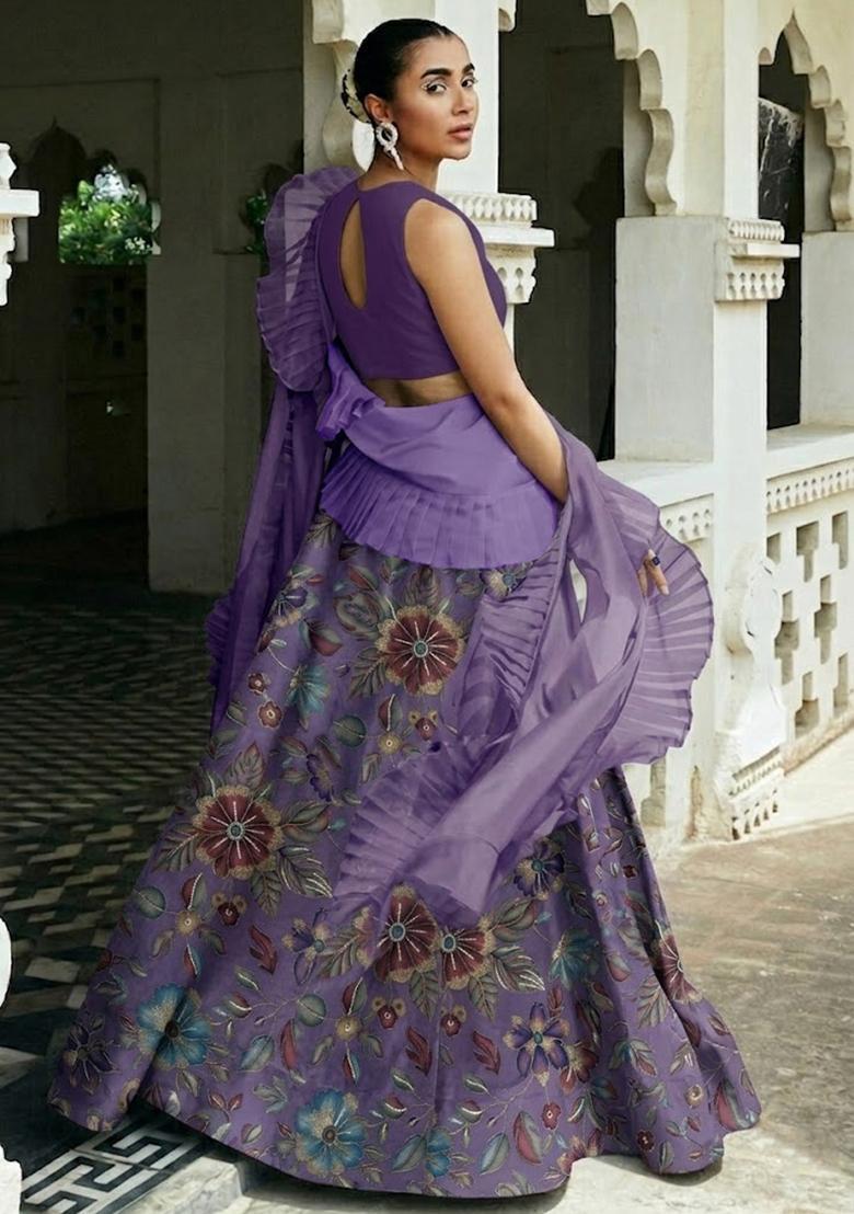 Light Purple Printed Crepe Lehenga Set - Indya