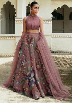 Mauve Pink Printed Crepe Lehenga Set