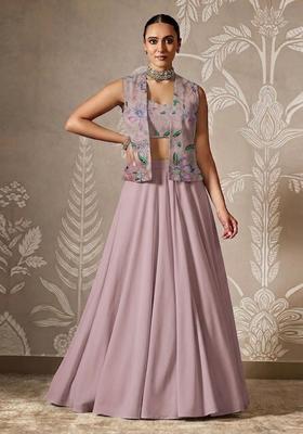 Dusty Pink Printed Organza Lehenga Set