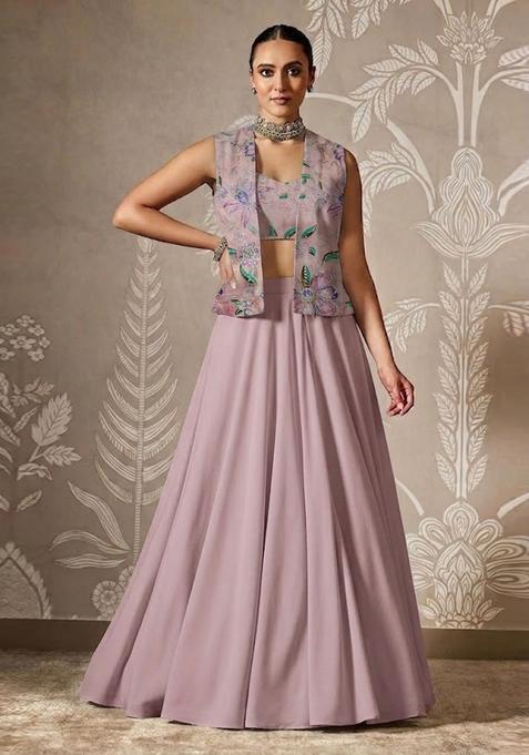 Dusty Pink Printed Organza Lehenga Set