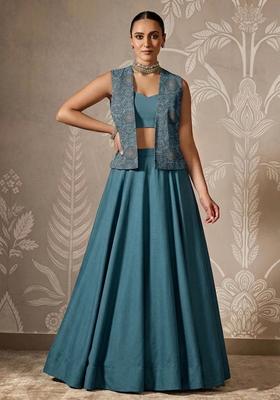 Blue Printed Organza Lehenga Set