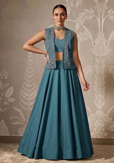 Blue Printed Organza Lehenga Set