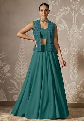 Teal Green Printed Organza Lehenga Set