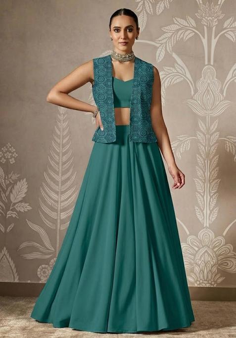 Teal Green Printed Organza Lehenga Set