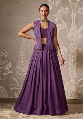 Purple Printed Organza Lehenga Set