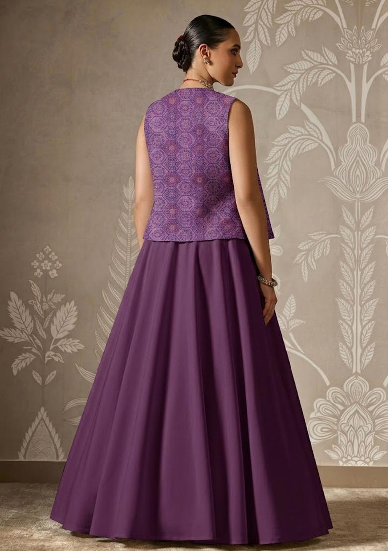 Purple Printed Organza Lehenga Set - Indya