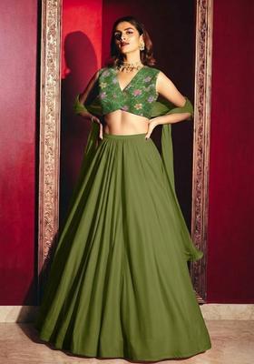 Mehendi Green Printed Crepe Lehenga Set