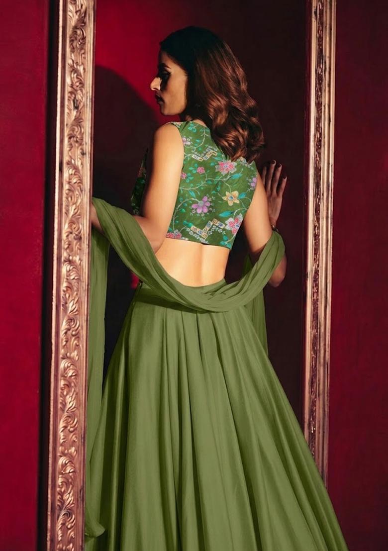 Mehendi Green Printed Crepe Lehenga Set - Indya