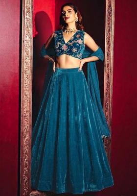Dark Blue Printed Crepe Lehenga Set