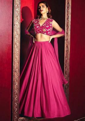 Dark Pink Printed Crepe Lehenga Set