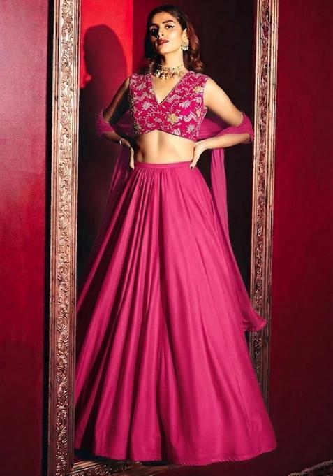 Dark Pink Printed Crepe Lehenga Set