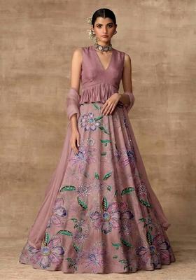 Dusty Rose Printed Organza Lehenga Set