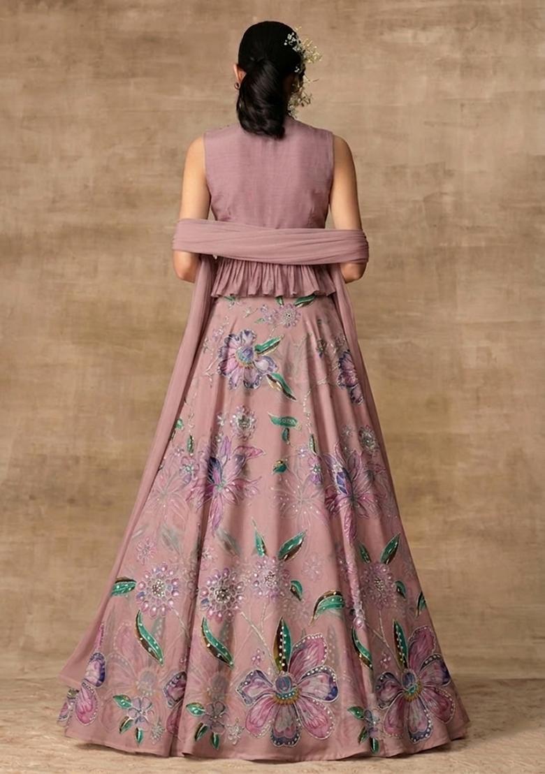 Dusty Rose Printed Organza Lehenga Set - Indya