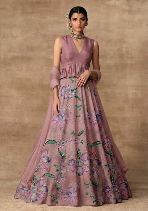 Dusty Rose Printed Organza Lehenga Set