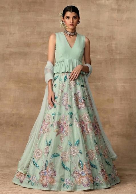 Sea Green Printed Organza Lehenga Set