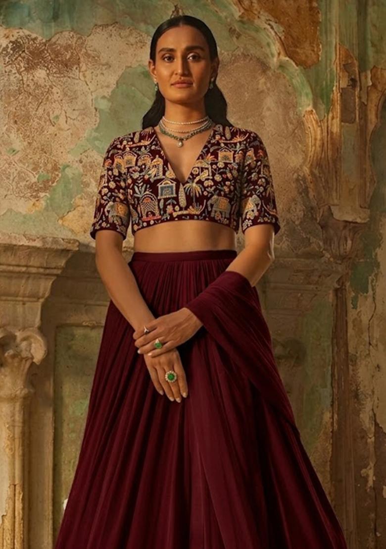 Maroon Embroidered Tissue Lehenga Set - Indya