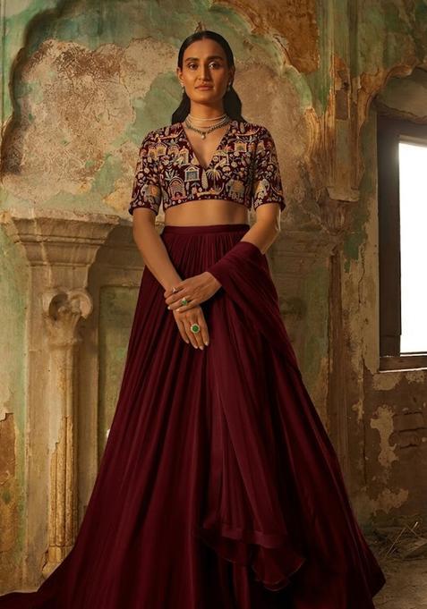 Maroon Embroidered Tissue Lehenga Set