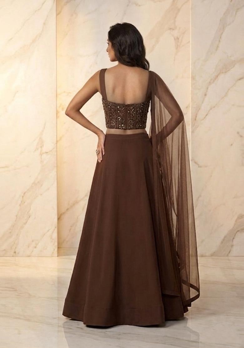 Chocolate Brown Embroidered Handwork Lehenga Set - Indya