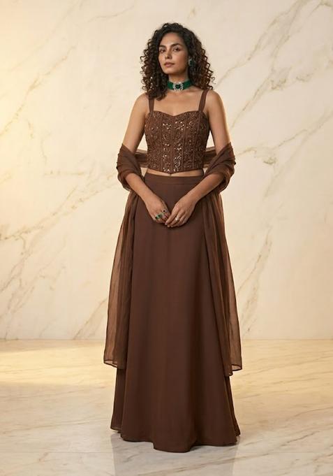 Chocolate Brown Embroidered Handwork Lehenga Set