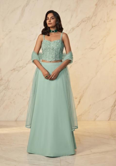 Sky Blue Embroidered Handwork Lehenga Set