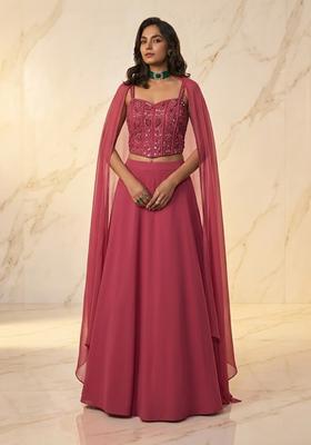 Berry Pink Embroidered Handwork Lehenga Set