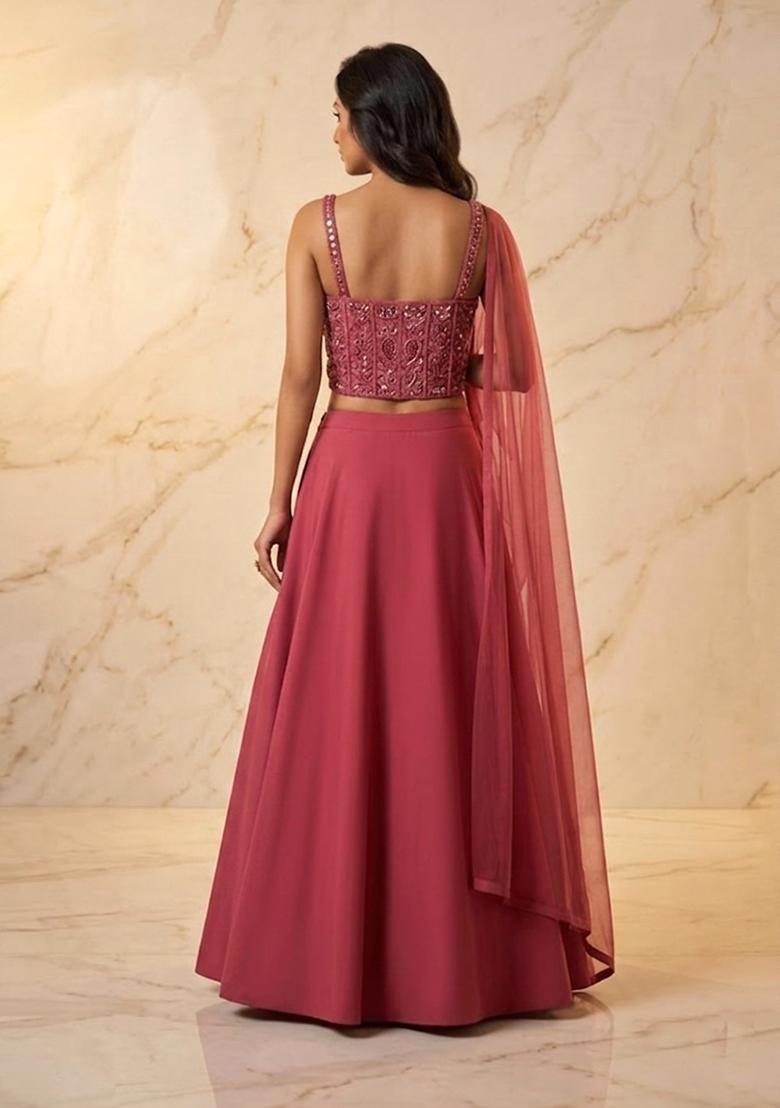 Berry Pink Embroidered Handwork Lehenga Set - Indya