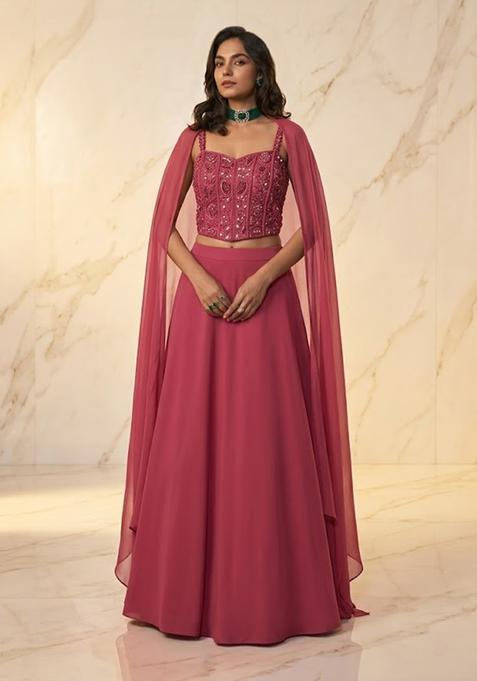 Berry Pink Embroidered Handwork Lehenga Set